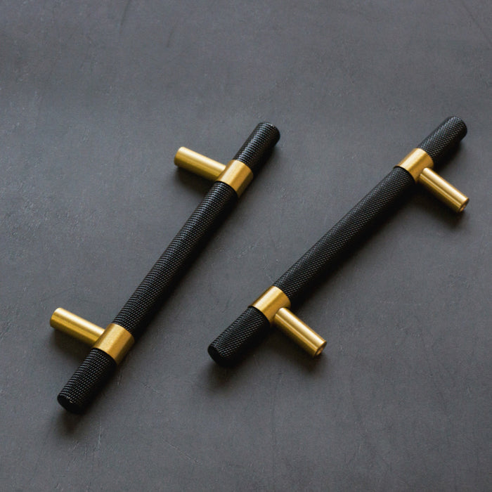 Knurled Solid Black & Brass Cabinet Knobs Dresser Handles