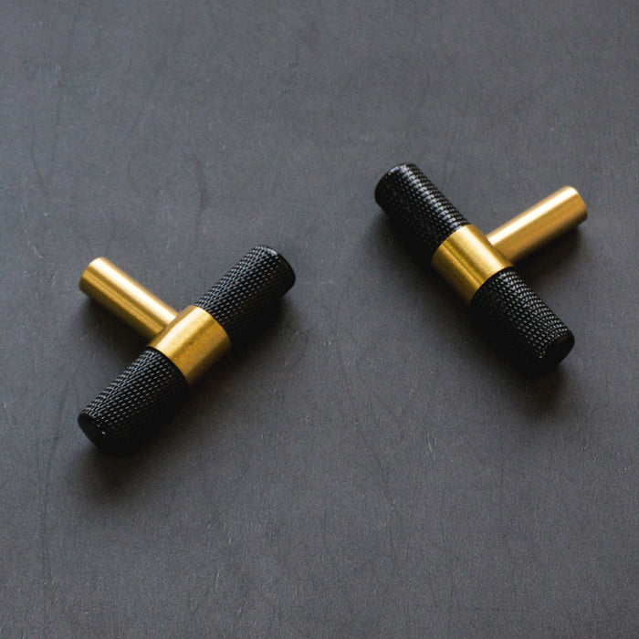 Knurled Solid Black & Brass Cabinet Knobs Dresser Handles