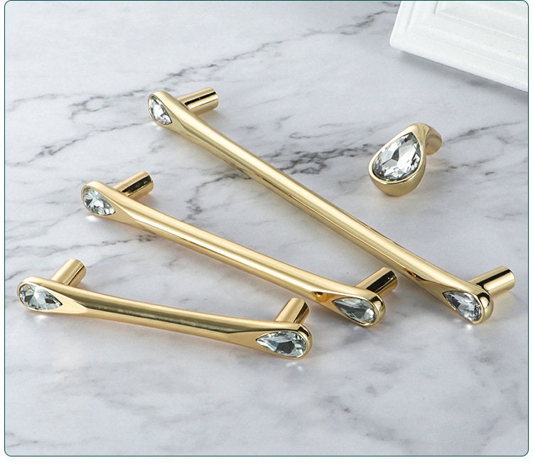 Gold Crystal Cabinet Handles Knobs, Solid Polished Brass Water Drop Diamond Drawer Pulls Cabinet Hardware Handles for Dresser 3.75" 5" 7.55"